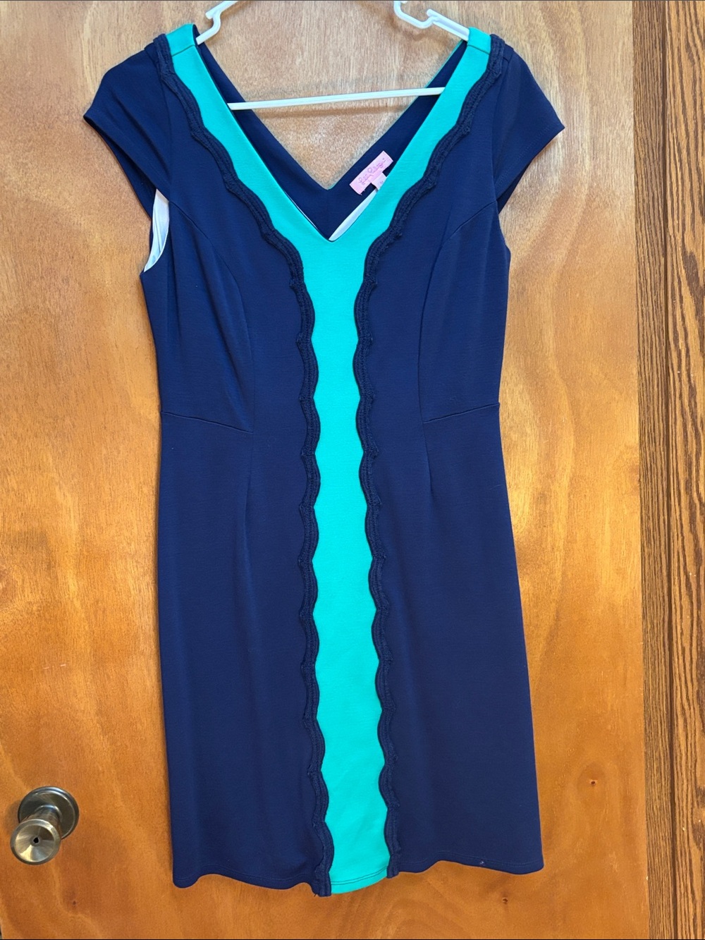 Lilly Pulitzer Navy Dress with Teal Center Panel and Scalloped Trim